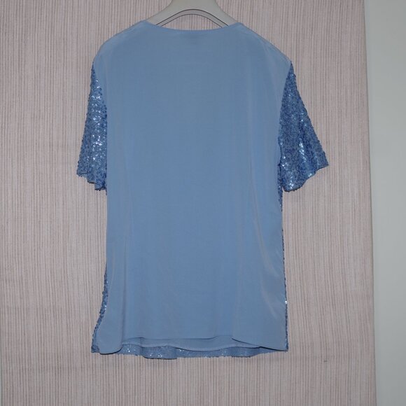 St John Sequins Light Blue Gray Silk Shear Short Sleeve Top Women's Size 10 - Picture 4 of 4